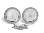 THE YUSUPOV SCANDINAVIAN SERVICE: A PAIR OF FRENCH SILVER PLATES AND A SILVER SERVING DISH, ALEXANDRE GUEYTON, PARIS, 1842-63