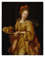 An elegant woman holding a tray of fruit