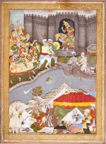 An army approaches a fort by a river, illustration from a Mughal manuscript, India, popular Mughal, early 17th century, repainted early 19th century