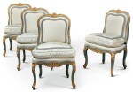 A GROUP OF FOUR LOUIS XV CARVED PARCEL-GILT AND BLUE PAINTED CHAIRS CIRCA 1750
