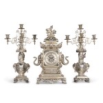 A French silvered bronze 'Japonisme' three-piece garniture, late 19th century