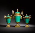 A late Louis XV gilt-bronze mounted three-piece garniture of Sèvres vases and covers ('vase à monter'), circa 1765-70