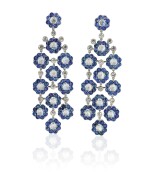 Pair of sapphire, moonstone and diamond pendent earrings, Michele della Valle