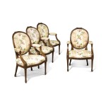 A SET OF FOUR GEORGE III STAINED BEECHWOOD OPEN ARMCHAIRS, CIRCA 1780
