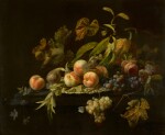 HERMAN PIETERSZ. VERELST |  Still life of peaches, a fig, a watermelon, bunches of grapes and a rose arranged on and around a silver dish on a ledge