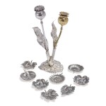  A SET OF THIRTY-SIX ITALIAN SILVER PLACECARD HOLDERS AND A PARCEL-GILT SALT AND PEPPER SET, BUCCELLATI, MILAN AND BOLOGNA, 20TH CENTURY
