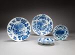 Two blue and white 'peony' dishes and two blue and white Kraak-type 'beribboned gourds' saucer dishes, Qing dynasty, 18th century | 清十八世紀 青花瓷盤一組四件