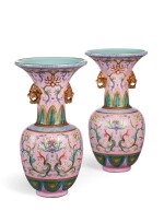 An exquisite and rare pair of pink-ground famille-rose sgraffiato vases, Seal marks and period of Qianlong | 清乾隆 粉彩粉地錦上添花鋪首撇口尊一對 《乾隆年製》款