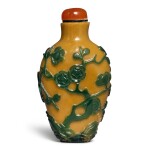 A green-overlay yellow glass 'prunus' snuff bottle, Qing dynasty, 18th / 19th century | 清十八 / 十九世紀 黃地套綠料梅花紋鼻煙壺