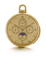 A RARE AND FINE GOLD OPEN-FACED MINUTE REPEATING PERPETUAL CALENDAR KEYLESS LEVER WATCH WITH MOON PHASES 1938, REF. 699, MOVEMENT NO. 860860 CASE NO. 619395 [百達翡麗罕有黃金三問萬年曆懷錶備月相顯示，1938年製，編號699，機芯編號860860，錶殼編號619395]