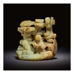 AN EXCEPTIONALLY RARE PALE GREEN AND RUSSET JADE 'DAOIST IMMORTALS' GROUP,  QING DYNASTY, KANGXI / YONGZHENG PERIOD