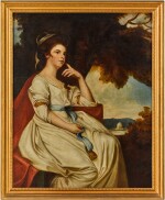 Portrait of Isabella Curwen, née Gale (1765-1820), seated full-length, wearing a white dress and blue sash, a view of Belle Isle, Lake Windermere beyond