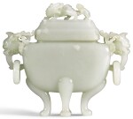 A WHITE JADE CENSER AND COVER LATE QING/REPUBLICAN PERIOD | 晚清/民國 白玉獅鈕活環耳四足蓋爐