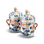 A pair of French silver-mounted Japanese Imari porcelain two-handled pots and covers, the porcelain circa 1700, the silver mounts, Paris, 1717-1722