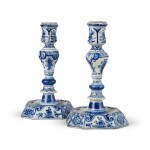 A Pair of Dutch Delft Blue and White Candlesticks, 18th Century