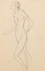 Femme nue debout, corps de trois quarts vers la gauche, tête de trois quarts vers la droite