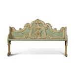 A Dutch Rococo Carved and Blue and White Painted Oak Hall Bench, Mid-18th Century