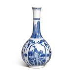 A blue and white 'mythical beast' vase, Qing dynasty, 19th century | 清十九世紀 青花開光瑞獸博古圖長頸瓶 《大清康熙年製》仿款