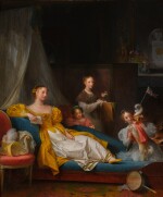 A woman on a chaise longue in an interior, holding a letter and surrounded by three children, one playing with a dog