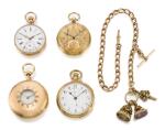VARIOUS, GROUP OF FOUR YELLOW GOLD WATCHES WITH PINK GOLD FOB CHAIN  LATE 18TH AND 19TH CENTURY