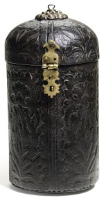 AN OTTOMAN LEATHER-COVERED DOMED CYLINDRICAL BOX, TURKEY, PROBABLY 19TH CENTURY
