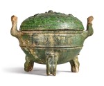 A GREEN-GLAZED POTTERY DING AND COVER, HAN DYNASTY
