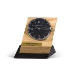 STAINLESS STEEL DESK TIMEPIECE WITH ALARM AND WOODEN STAND CIRCA 2015