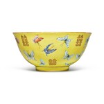 A yellow-ground famille-rose 'butterfly and shuangxi' bowl, Mark and period of Tongzhi | 清同治 黃地粉彩百蝶雙喜紋盌 《同治年製》款