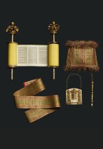 MINIATURE TORAH SCROLL [19TH CENTURY]  WITH GOLD WOVEN MANTLE AND BINDER AND MINIATURE SILVER-GILT FINIALS, SHIELD, AND POINTER, POSSIBLY DUTCH 1840-1860