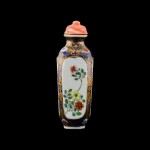 A famille-rose porcelain snuff bottle Seal mark and period of Qianlong | 清乾隆 藍地描金開光粉彩庭園人物圖鼻煙壺 《乾隆年製》款