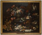 FELICE FORTUNATO BIGGI, CALLED 'FELICE DEI FIORI' | A still life of flowers in an urn on a ledge,  surrounded by other flowers, fruit and  vegetables, as well as a chicken, duck,  guinea pig and game