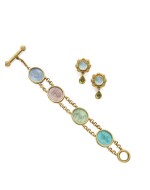 GOLD, PERIDOT, MOTHER-OF-PEARL AND GLASS BRACELET AND PAIR OF EARCLIPS, ELIZABETH LOCKE