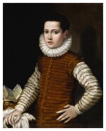 GERVASIO GATTI  |  PORTRAIT OF A BOY IN STRIPED DOUBLET AND WHITE RUFF, HIS LEFT ARM ON HIS HIP AND RIGHT RESTING ON A TABLE WITH AN OPEN BOOK, HALF-LENGTH