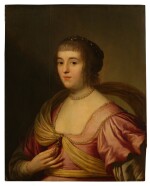 Portrait of Amalia van Solms, in a pink dress with a yellow sash, half-length, adorned with pearls and jewels