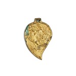 A gold repoussé leaf-form 'phoenix' plaque, Liao dynasty 遼 金錘鍱鳳凰紋葉形牌飾