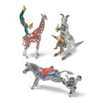 ANIMALS AND CLOWNS: A GROUP OF SILVER AND ENAMEL CIRCUS FIGURES, DESIGNED BY GENE MOORE FOR TIFFANY & CO., NEW YORK, CIRCA 1990