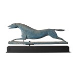 VERY FINE AND RARE CARVED AND GREEN PAINTED PINE RUNNING HOUND WEATHERVANE, MAINE, LATE 19TH CENTURY