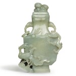 A CELADON AND GREY JADE BALUSTER VASE AND COVER, QING DYNASTY, 18TH CENTURY | 清十八世紀 灰青玉龍鳳呈祥紋活環蓋瓶