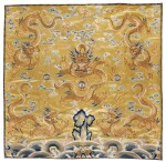 AN IMPERIAL YELLOW-GROUND EMBROIDERED SILK CUSHION COVER, QING DYNASTY, QIANLONG PERIOD  清乾隆 黃地鍛綉五龍趕珠紋墊面
