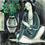 LIN FENGMIAN (1900-1991) FEMME ASSISE AU BOUQUET DE FLEURS | 林風眠 《仕女圖》 設色紙本 鏡框 | Lin Fengmian (1900-1991)  Seated woman with flowers
