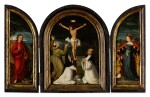 Triptych with the Crucifixion and Saints John the Evangelist, Francis of Assisi, Ursula, Nicholas[?], Barbara, and religious donors