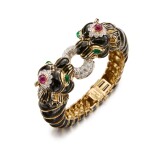 Gold, Enamel, Ruby, Emerald and Diamond 'Twin Lion' Bracelet