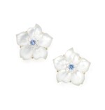  PAIR OF ROCK CRYSTAL, MOTHER-OF-PEARL, DIAMOND AND SAPPHIRE EARCLIPS, SEAMAN SCHEPPS