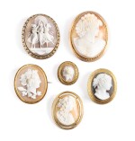 Five shell cameo brooches and one agate cameo brooch