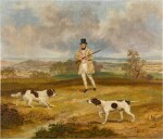 A sportsman with his two dogs, Bruno and Rover, a springer spaniel and a pointer