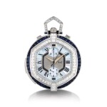 Piaget | A unique white gold, diamond and sapphire-set minute repeating split seconds chronograph open face watch with mother-of-pearl dial and case back, accompanied by white gold, diamond, sapphire and crystal presentation stand, Circa 2000 | 伯爵 | 獨一無二白金鑲鑽石及藍寶石三問追針計時懷錶，備珠母貝錶盤及背蓋，附帶白金鑲鑽石、藍寶石及水晶展示座，約2000年製