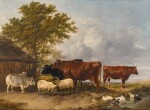 Cattle and sheep by a bower in a landscape
