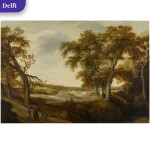 Extensive wooded landscape with peasants on a road