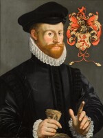 NORTH NETHERLANDISH SCHOOL, 1575 | PORTRAIT OF A GENTLEMAN, HALF-LENGTH, WEARING A RUFF AND A BLACK HAT, HOLDING GLOVES