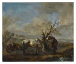 PHILIPS WOUWERMAN  |  TWO HORSES RESTING BY A TREE AND A STREAM, WITH SEATED TRAVELERS NEARBY
